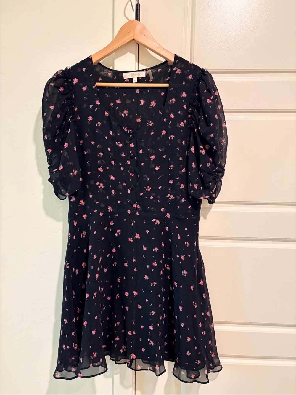 LoveShackFancy Cora Black Dress with Pink Floral Print 100% Silk